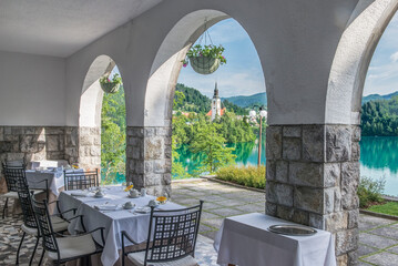 Slovenia, Bled. Villa Bled Dining Patio