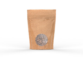 Kraft paper pouch mock up for coffee beans. Blank craft coffee bean pack mock up on isolated white...
