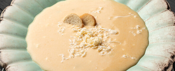 Cheese Soup, Potato and chicken cream soup. diet fresh food meal dish soup lunch, banner, catering menu recipe place for text, top view