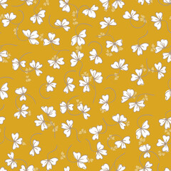 Obraz premium Trendy seamless floral pattern with ornament. Colorful flowers on light background. Simple minimalistic pattern with nature elements. Vector illustration for fabric, textile, poster, invitation.