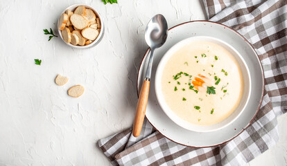Cream soup and bread croutons. homemade healthy organic vegetarian vegan diet fresh food meal dish...