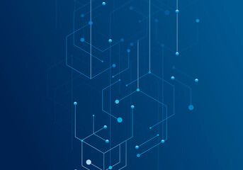 Hexagon technology connect for web design on blue background. Abstract modern backdrop. Creative vector concept. High tech digital technology concept. Futuristic backdrop