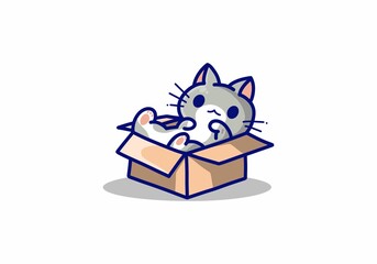 Little grey cat in the box kawaii illustration