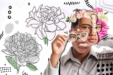 Creative collage of stylish young African-American man with flowers on light background