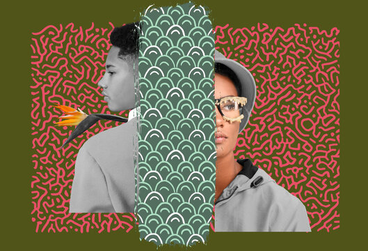 Creative collage of stylish young African-American man on color background