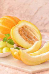 Sweet cut melon on color background