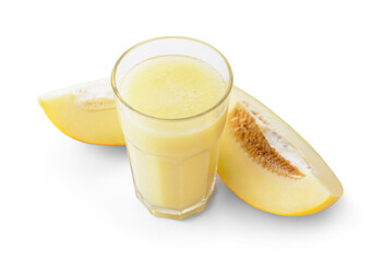 Glass with melon smoothie on white background
