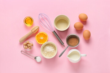 Set of kitchen utensils and ingredients for preparing bakery on color background