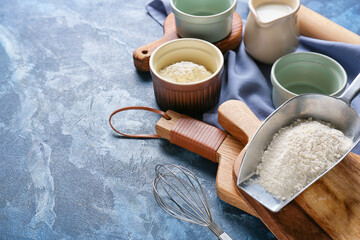 Obraz na płótnie Canvas Set of kitchen utensils and ingredients for preparing bakery on color background