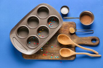 Kitchen utensils for preparing bakery on color background