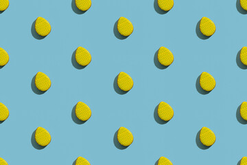 Traditional easter pattern. Bakery seamless banner. Festive art. Abstract background. Sweet gingerbread egg with yellow icing colorful spots decoration isolated on blue textured.