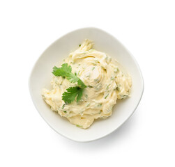 Bowl with tasty garlic butter on white background