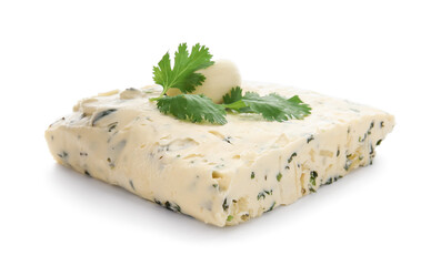 Tasty garlic butter on white background