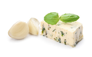 Tasty garlic butter on white background