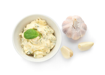 Bowl with tasty garlic butter on white background