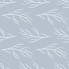 Pastel palette seamless pattern with white contoured branch shapes ornament. Blue background.