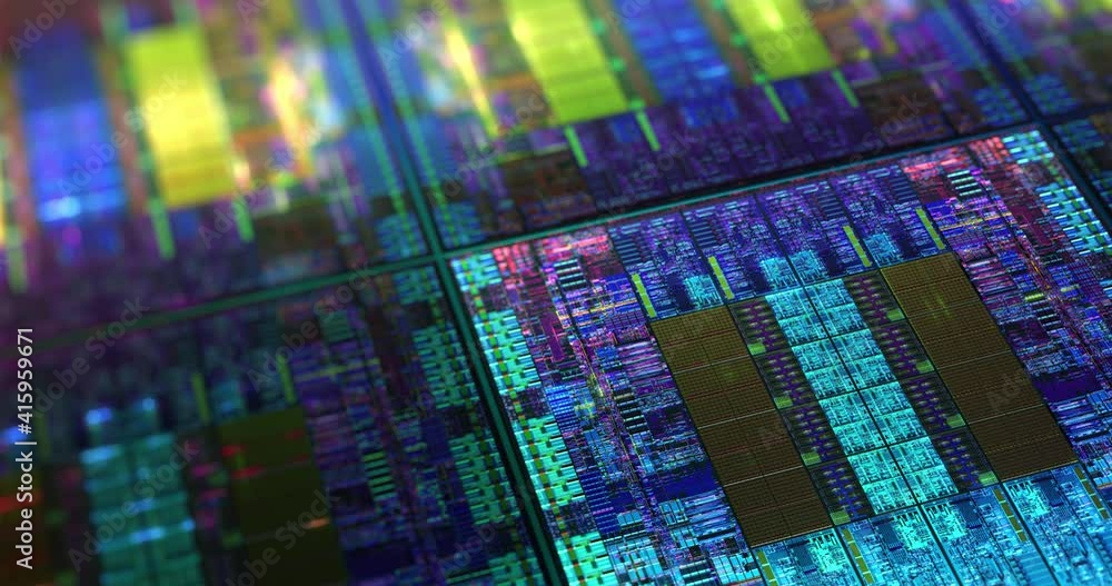 Poster futuristic microchip processors on wafer with data neon lights. hardware technology concept, compute