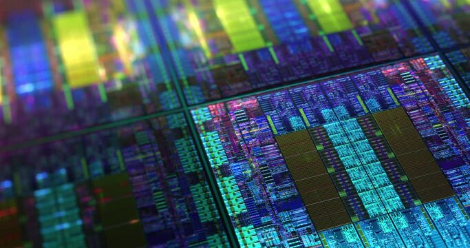 Futuristic microchip processors on wafer with data neon lights. Hardware technology concept, Computer component lights. 4K loop, 3D rendering