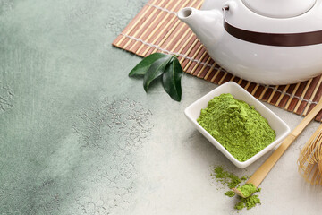 Composition with powdered matcha tea on color background