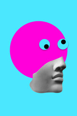 Collage with plaster antique sculpture of human face in a pop art style. Modern creative concept image with ancient statue head. Zine culture. Contemporary art poster. Funky minimalism. Retro design.