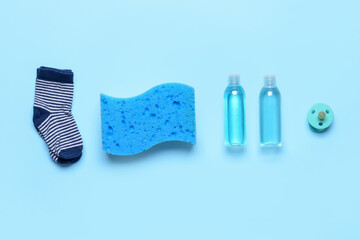 Set of bath accessories for baby on color background
