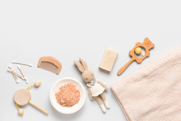 Bath accessories for baby on light background