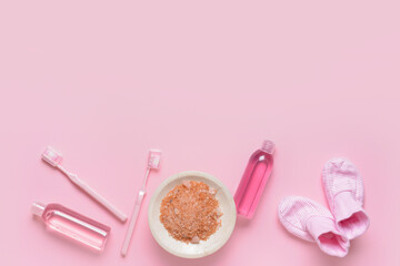 Set of bath accessories for baby on color background