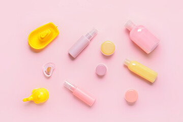 Bath accessories for baby on color background