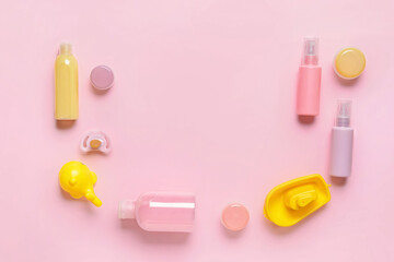 Bath accessories for baby on color background