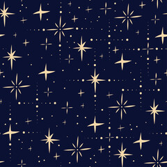 Seamless pattern with stars on dark background. Simple endless illustration with the night sky