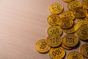 Golden coins stack background with copy space