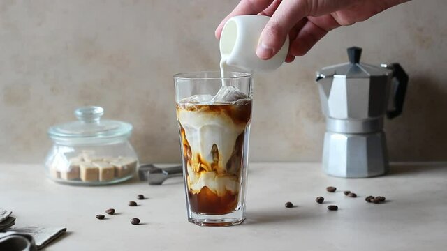 Ice coffee with cream. Cold drinks. Vegetarian food. Healthy eating.