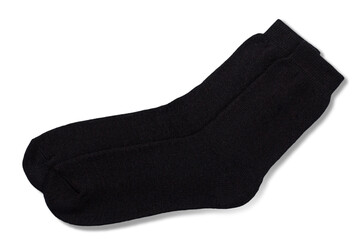 Pair of black woolen men socks on white background.