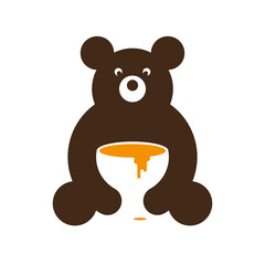 Brown bear with a cup of honey. Logo bear with a big cup of honey in his hands on a white background. Vector, illustration