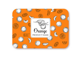 Orange. Ripe citrus. Template for product label, cosmetic packaging. Easy to edit. Graphic drawing, engraving style. Vector illustration.