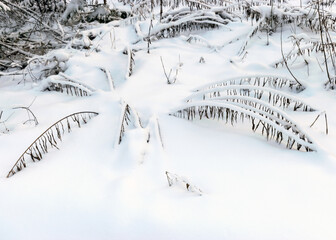 abstract snow texture, snow and frozen grass, shadows on the snow