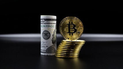 BTC Cryptocurrency, Bitcoin and dollars rolled up
