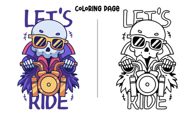 A Skull Ride A Gold Motorcycle Coloring Page and Book