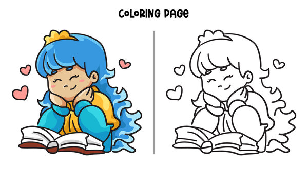 Cute little princess reading a book with smiling Coloring Page and Book
