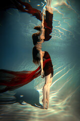 Underwater woman portrait in swimming pool.