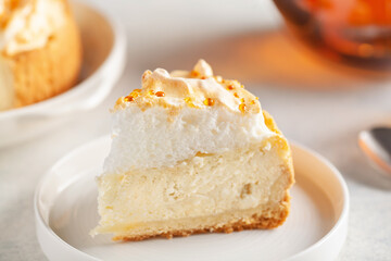 Delicious homemade cheesecake with glazed merengue.