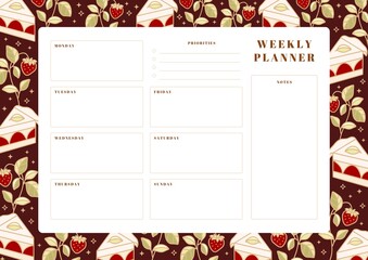 Printable weekly planner, school scheduler template with hand drawn cake, floral, and strawberry elements