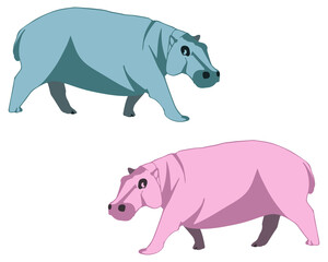 Set of two vector flat hippopotamuses in pink and blue colors isolated on white background. Bright design with hippo for children, paper, fabrics, web, stickers and other purposes.