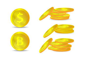 Bitcoin. Vector Illustration of golden coins. Money isolated on white.Stacked gold coins on a white background. 