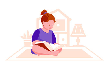 Little girl is reading a book in her room. The concept of reading, education, recreation. Vector illustration in flat cartoon style. Isolated on a white background.