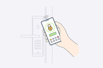 Online mobile security system concept. Close-up of human hands controlling security of house with mobile app on smartphone, locking door online vector illustration 