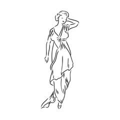 Antique dressed lady. Old fashion vector illustration. Victorian woman in historical dress. Vintage stylized drawing, retro woodcut style