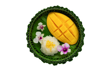 Thai dessert - mango sticky rice on banana leaf plate isolated on white background.