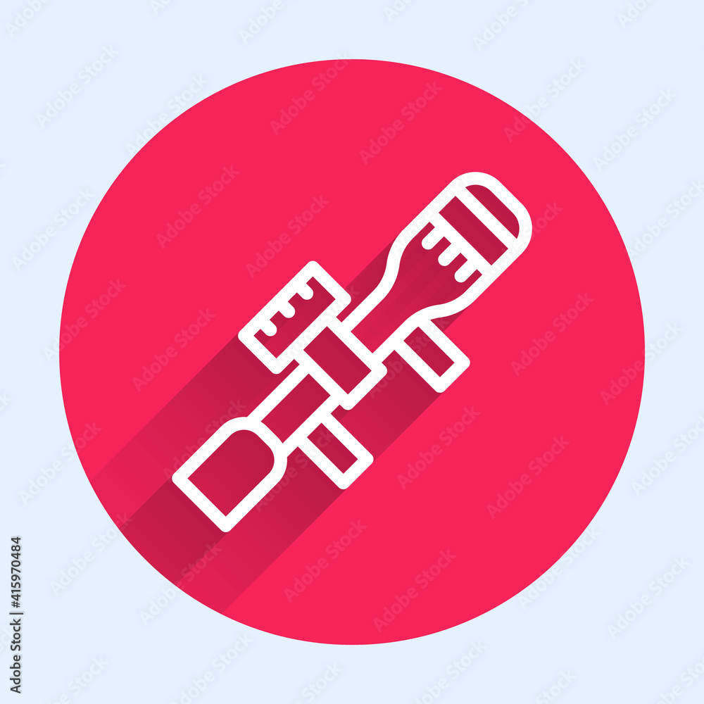 Poster white line sniper optical sight icon isolated with long shadow. sniper scope crosshairs. red circle 