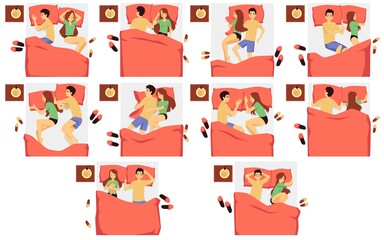 Fototapeta premium Couple in different sleeping positions in bed with pillow and blanket